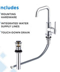 Chrome Bathroom Sink Faucet With Single Handle Side Lever One Hole Installation Durable Brass Construction Metal Touch Down Drain Sleek Arch Spout For Modern Vanity showing mounting hardware, supply lines, and touch-down drain.