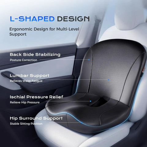 Premium Memory Foam Car Seat Cushion With Napa Leather Ergonomic Lumbar Support Pillow Hella Comfy Back Pain Relief Non Slip Driving Office Chair Comfort Game Changer Ride Smooth All Day Long, showing L-shaped design and multi-level support features.