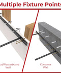 Heavy Duty Floating Shelf Brackets Set installation on stud and concrete walls, showing hidden mount hardware in black finish