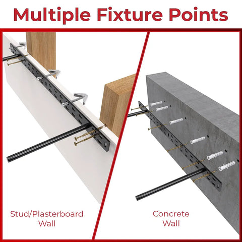 Heavy Duty Floating Shelf Brackets Set installation on stud and concrete walls, showing hidden mount hardware in black finish