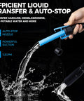 Portable Fuel Transfer Pump With Auto Stop Sensor 51 Inch Hose 3.2 Gallons Per Minute Fast And Safe Gas Can Pump For Oil Battery Or DC Power Manual Nozzle Type Blue with water flowing