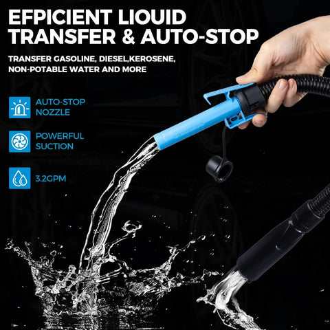 Portable Fuel Transfer Pump With Auto Stop Sensor 51 Inch Hose 3.2 Gallons Per Minute Fast And Safe Gas Can Pump For Oil Battery Or DC Power Manual Nozzle Type Blue with water flowing