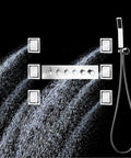 Top Shelf Thermostatic Shower System With Flush Mount Ceiling Head And Dual Massage Sprayers Featuring Sleek LED Display, plumbing system with multiple spray options.