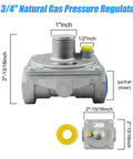 Front view of 3/4 in natural gas pressure regulator with metal body and yellow adjustment cap