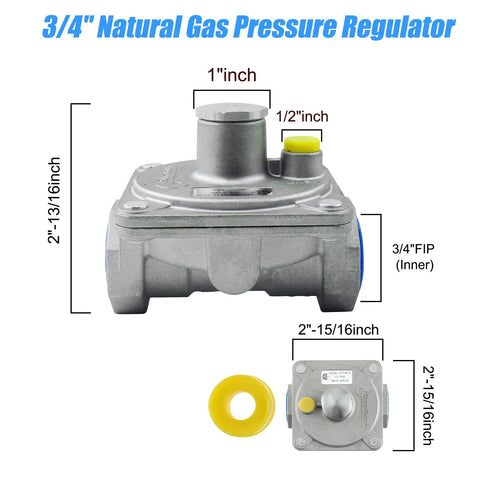Front view of 3/4 in natural gas pressure regulator with metal body and yellow adjustment cap