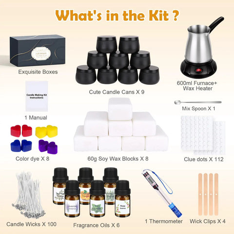 Candle Making Kit With Wax Melter For Beginners And Adults showing complete set with 600ml melter, thermometer, wax blocks, and dyes.