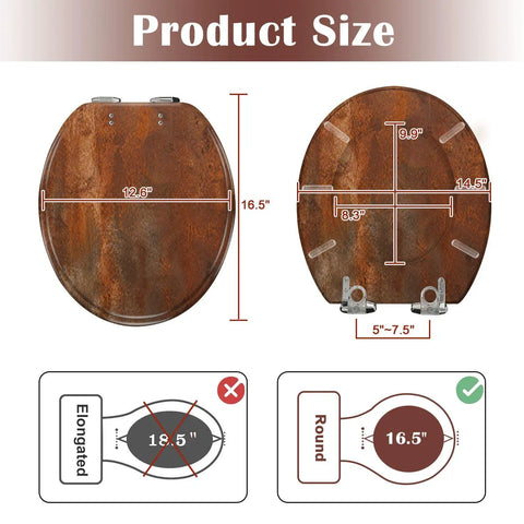 Round rusty metal Toilet Seat dimensions outlined, showing size comparisons and measurements.