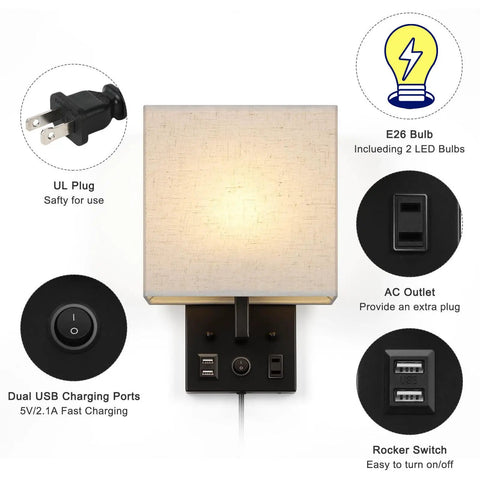 Set Of 2 Black Plug In Wall Sconces With USB Charging Ports And AC Outlet Wall Mounted Bedside Lamps with linen shade and USB ports