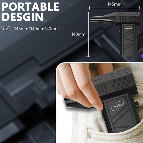 Ultra Powerful Beast Mode Mini Air Blower Duster With 130000 RPM Brushless Motor, shown in a pocket for portability.