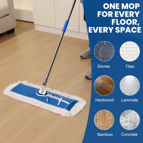 Heavy Duty Cotton Dust Mop Heads 2 Pack 24 Inch Lint Free Loop End Machine Washable Floor Cleaners tackling various floor types.
