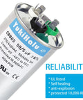 Close-up of 50 Plus 5uF MFD Dual Run Capacitor For Your ACs And HVAC Systems 370 To 440 VAC CBB65 Type with three terminals.