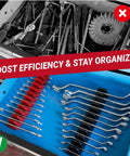 48 Piece Magnetic Wrench Organizer For Tool Box Drawer Wrench Holder With Metric And SAE Labels Modular Layout For Quick Grab And Go Access Space Saving Wrench Tray For Mechanics And Home Garage shows a neatly organized tool drawer with wrenches