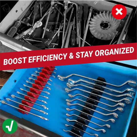 48 Piece Magnetic Wrench Organizer For Tool Box Drawer Wrench Holder With Metric And SAE Labels Modular Layout For Quick Grab And Go Access Space Saving Wrench Tray For Mechanics And Home Garage shows a neatly organized tool drawer with wrenches