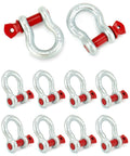 Heavy Duty Half Inch Anchor Shackles Alloy Screw Pin Forged Carbon Steel Ten Pack D Ring Shackles Two Ton 4400 Lbs Working Load Limit Built Tough For Rigging Lifting And Towing displayed in a ten-piece set with red screw pins.