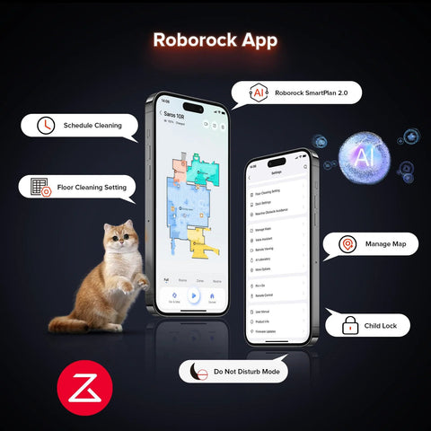 Front view of two iPhone screens displaying Roborock Saros 10R robot vacuum and mop app interface
