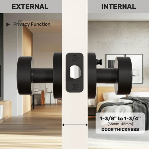 Matte Black Privacy Door Knob With Lock, Built To Last Heavy Duty Round Vintage Interior Door Handle for Bedroom, Door 1-3/8 to 1-3/4 Inches