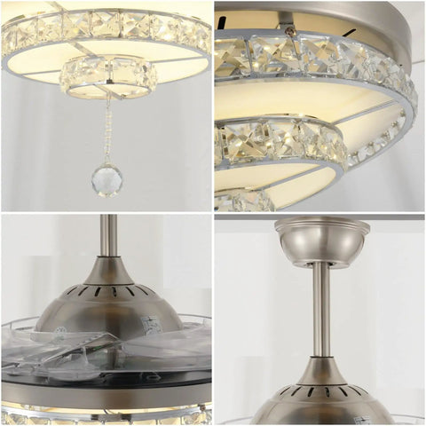 Crystal Ceiling Fan With Lights Retractable Fandelier in Modern Chrome showcasing crystal detail and chrome finish, 42x42x17 in size.