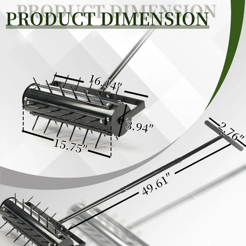 Dimensions of Rolling Lawn Aerator With T Shaped Handle 17 Inch Width 36 Reinforced Steel Spikes For Deep Soil Penetration