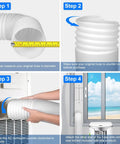 Steps to install 5.9 Inch Anti Clockwise Exhaust Hose For Portable AC Units, 59 Inch Extendable Vent Pipe, showing installation process.