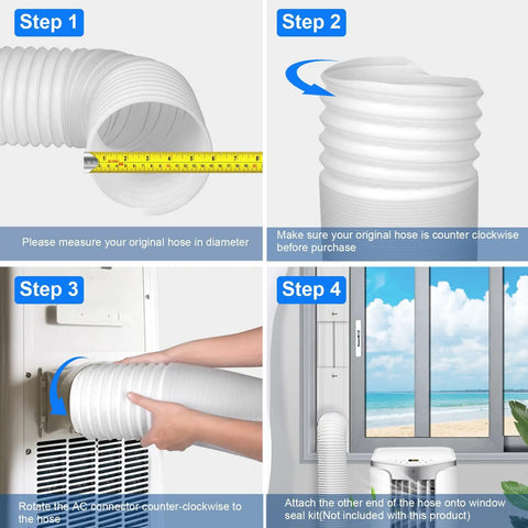 Steps to install 5.9 Inch Anti Clockwise Exhaust Hose For Portable AC Units, 59 Inch Extendable Vent Pipe, showing installation process.