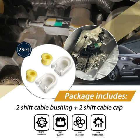 Ford Transmission Shifter Bushing Set 2 Pack For Edge, Escape, Fusion, Transit Connect, C-Max Shifter Linkage Bushing And Shift Cable Cap Replacement Kit Durable Upgrade For Smooth Gear Shifts. 2-pack white plastic and yellow bushing set
