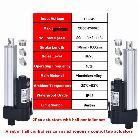 2 Piece Set 24V Linear Actuators With Hall Switch Controller 3000N Push Pull Force Adjustable Travel Up To 1600Mm display with specifications.