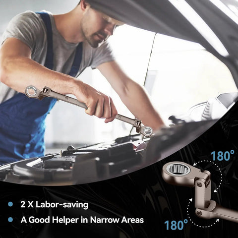 Mechanic using Upgraded Double Jointed Extra Long Flex Head Ratchet Wrench Set 6-Piece Metric 8-19mm for engine repair