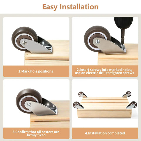 Chegulu 2" Rigid Plate Casters, Silent Rubber Furniture Wheels, Set of 4 installation steps for easy mounting on furniture.