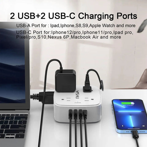 Heavy Duty Surge Protector Power Strip With Six Foot Cord And Eight Wide Outlets Plus Four Fast Charge Usb Ports in use with devices.