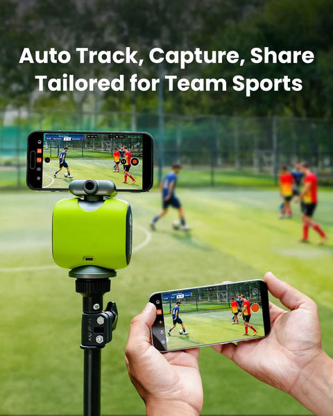 Chameleon AI Auto Sports Action Camera, 4K 60FPS Real Time Player Tracking for Soccer, mounted on tripod capturing game.