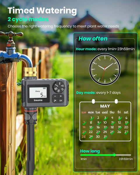 Two Pack Water Timer With Brass Inlet For Sprinkler Systems Rain Delay Manual And Automatic Drip Irrigation And Lawn Watering System For Yard And Garden No Fuss, displaying LCD and time settings