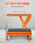 Orange steel hydraulic lift table cart with scissor lift, non-slip platform, four wheels, 11–35.4 in lift range.