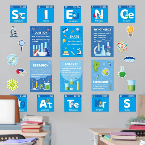 Vibrant Science Posters Bulletin Board Set For Classrooms With 16 Colorful Posters and 10 Themed Cutouts on a classroom wall.