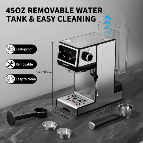 20 Bar Espresso Machine With Hot Brew And Rapid Cold Brew, Stainless Steel Coffee Maker With Milk Frother Steam Wand, 45oz Removable Water Tank, Touchscreen Controls, shown with accessories.