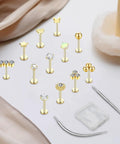 15Pcs Go To Body Jewelry Set Flat Back Push In Stud Earrings 20G 18G 16G 316L Surgical Stainless Threadless Nose Rings Medusa Piercing Jewelry Hypoallergenic Labret Studs Lip Rings Gold Tone With Ball Grabber Tool For Women And Men. Gold-tone flat back push-in studs, tool and case