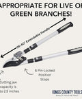 Double Ratcheting Bypass Loppers For Beefy Tree Trimming with extendable 26 to 40 inch handles, ergonomic rubber grips, shown with cutting jaw capacity details.