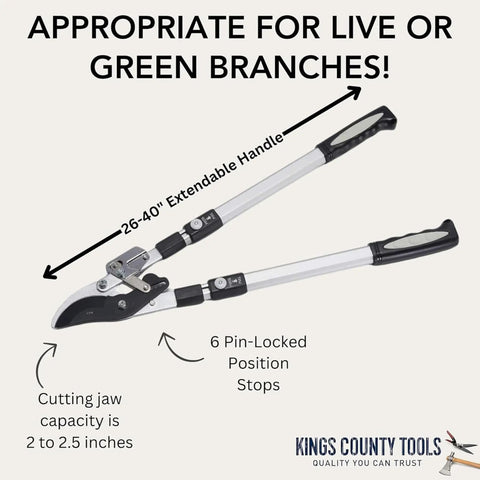 Double Ratcheting Bypass Loppers For Beefy Tree Trimming with extendable 26 to 40 inch handles, ergonomic rubber grips, shown with cutting jaw capacity details.