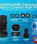 Image of SwiftFlusher Outboard Quick Connect Flush Kit components, including female and male quick connect adapters for outboard engines.