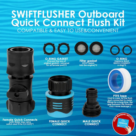 Image of SwiftFlusher Outboard Quick Connect Flush Kit components, including female and male quick connect adapters for outboard engines.