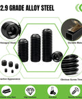 500 Pcs Hex Socket Set Screws Kit Metric And SAE Alloy Steel Cup Point 12.9 Grade Black Zinc Plated Heavy Duty Rust Resistant Anti Strip Hardware For Automotive Machinery And DIY Projects, 12.9 grade alloy steel