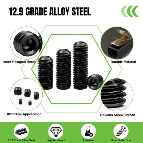 500 Pcs Hex Socket Set Screws Kit Metric And SAE Alloy Steel Cup Point 12.9 Grade Black Zinc Plated Heavy Duty Rust Resistant Anti Strip Hardware For Automotive Machinery And DIY Projects, 12.9 grade alloy steel
