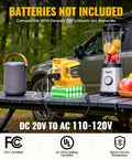 DeWALT 20V Battery Compatible 200W Power Inverter with blender and speaker on outdoor table, DC 20V to AC 110 120V conversion shown.