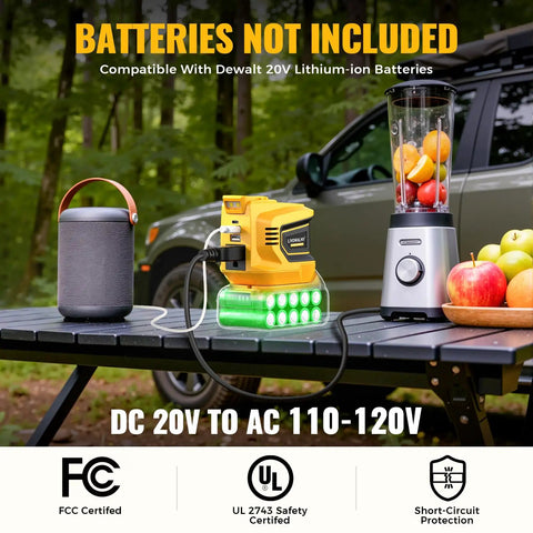 DeWALT 20V Battery Compatible 200W Power Inverter with blender and speaker on outdoor table, DC 20V to AC 110 120V conversion shown.