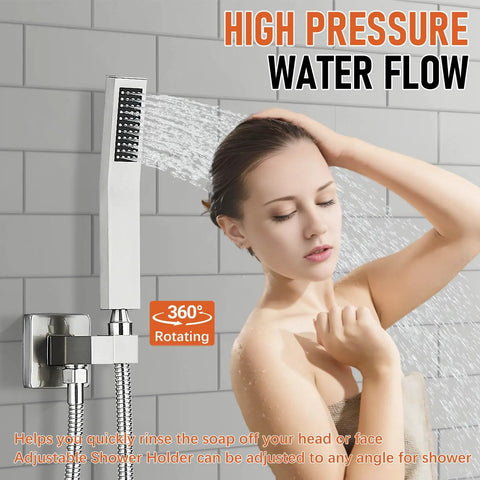 Woman using Brushed Nickel Shower System With 12 Inch LED Rainfall Shower Head, Brass Handheld Combo, high-pressure water flow