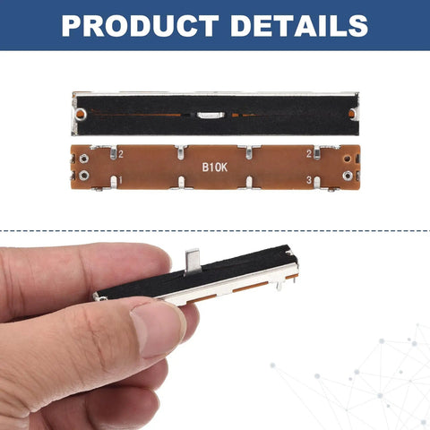 Close-up of Five Pack Pro Grade Linear Slide Potentiometers 7 Pin B10K 60mm Length 45mm Travel 10mm Handle Fader Variable Resistors