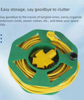 Sweet Compact Cord Reel With Quick Wind Handle And Heavy Duty Abs Build, shows yellow extension cord neatly stored.