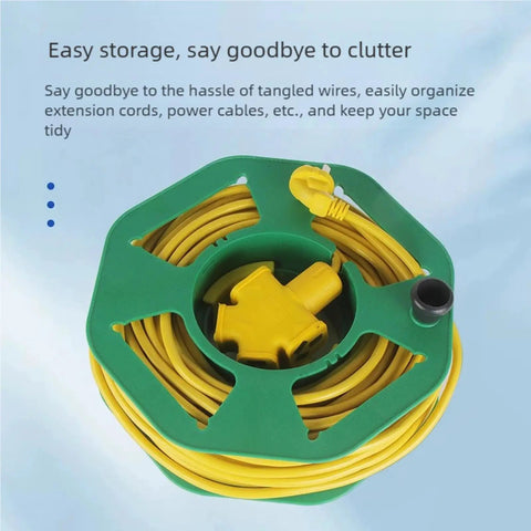 Sweet Compact Cord Reel With Quick Wind Handle And Heavy Duty Abs Build, shows yellow extension cord neatly stored.