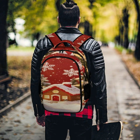Red Winter Xmas Scene Printed Unisex Backpack Large Capacity Crafted From Durable Polyester With Breathable Panels