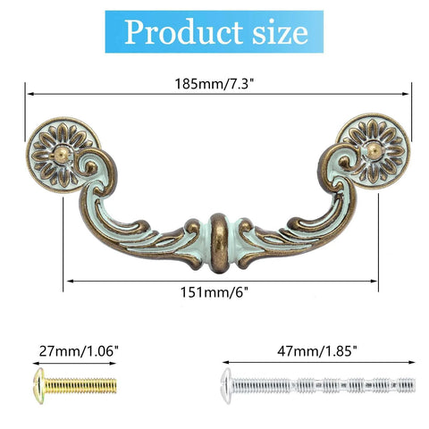 Four Piece 6 Inch Center Hole Pull Handles Set In Zinc Alloy Rustic Vintage Bail Swing Dresser Pulls with hardware and measurements.
