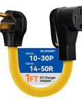 Legit Game Changer Nema 10 30P To 14 50R Adapter Cord For Instant Level 2 EV Charging with yellow cable and plugs.